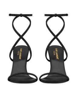 Saint Laurent Womens Opyum Sandals In Crepe Satin And Rhinestones Black-1