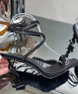 Saint Laurent Womens Opyum Sandals In Crepe Satin And Rhinestones Black-10