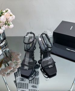 Saint Laurent Womens Opyum Sandals In Crepe Satin And Rhinestones Black-2