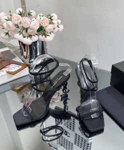 Saint Laurent Womens Opyum Sandals In Crepe Satin And Rhinestones Black-4