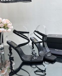 Saint Laurent Womens Opyum Sandals In Crepe Satin And Rhinestones Black-7