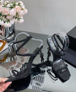 Saint Laurent Womens Opyum Sandals In Crepe Satin And Rhinestones Black-9