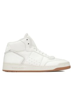 Saint Laurent Womens Sl80 Mid-Top Sneakers In Smooth And Grained Leather Cream-1