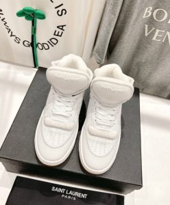 Saint Laurent Womens Sl80 Mid-Top Sneakers In Smooth And Grained Leather Cream-2