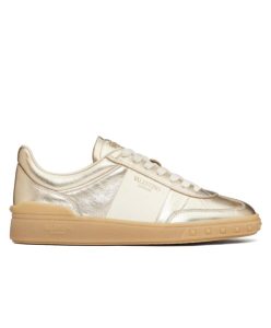 Valentino Unisex Upvillage Sneaker In Laminated Calfskin With Nappa Calfskin Leather Band Golden-1