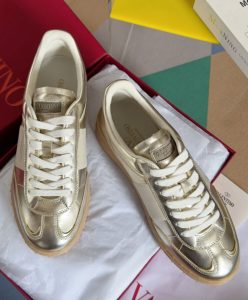 Valentino Unisex Upvillage Sneaker In Laminated Calfskin With Nappa Calfskin Leather Band Golden-3