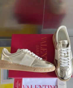 Valentino Unisex Upvillage Sneaker In Laminated Calfskin With Nappa Calfskin Leather Band Golden-4