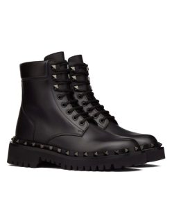 Valentino Womens Rockstud Calfskin Combat Boot With Matching Studs 50MM Black-1