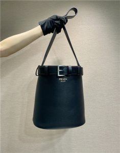 Prada Buckle Leather Bucket Bag With Belt 1BE085 Black-1.jpg