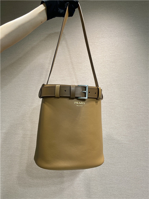 Prada Buckle Leather Bucket Bag With Belt 1BE085 Caramel
