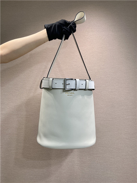 Prada Buckle Leather Bucket Bag With Belt 1BE085 White