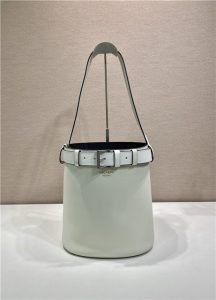 Prada Buckle Leather Bucket Bag With Belt 1BE085 White-4.jpg