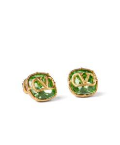 Valentino Womens V Logo Signed Swarovski Earrings Green-1.jpg