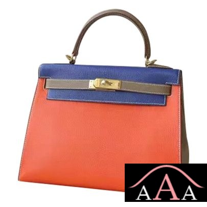 Hermes Kelly 28 Handbag 8V Orange Poppy And 7T Blue Electric And CC18 Etoupe Chevere Ghw