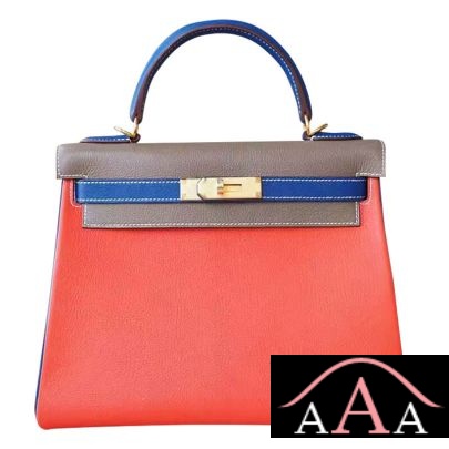 Hermes Kelly 28 Handbag 9J Feu And CC18 Etoupe And 7T Blue Electric Chevere Ghw