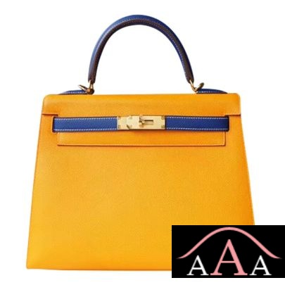 Hermes Kelly 28 Handbag 9V Jaune Dor And 7T Blue Electric Epsom Ghw