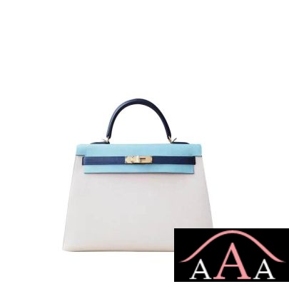 Hermes Kelly 28 Handbag CC10 Craie And 3P Blue Atoll And CC73 Blue Saphir Epsom Ghw