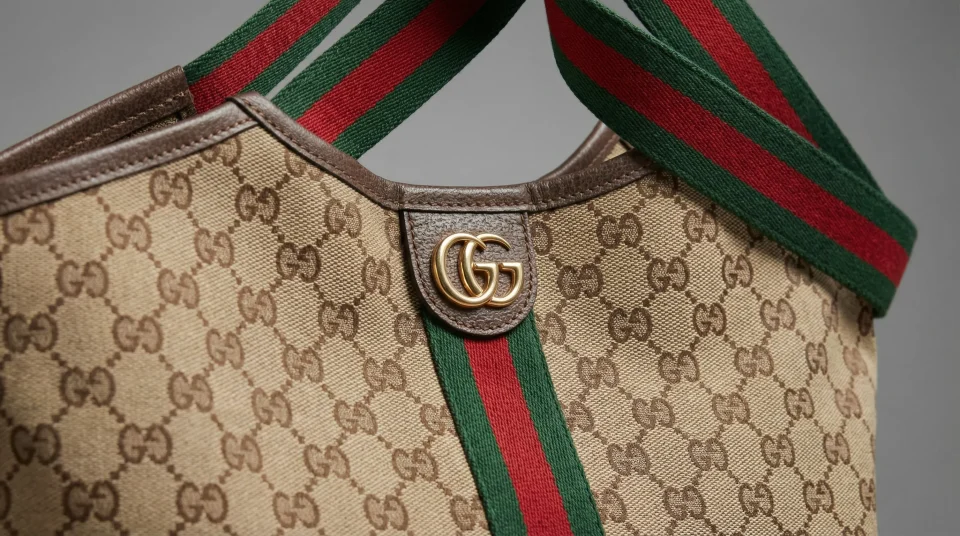 Macro shot of AAA replica Gucci Giglio handbag hardware showing deep engraving, accurate plating tone, and realistic metal weight.
