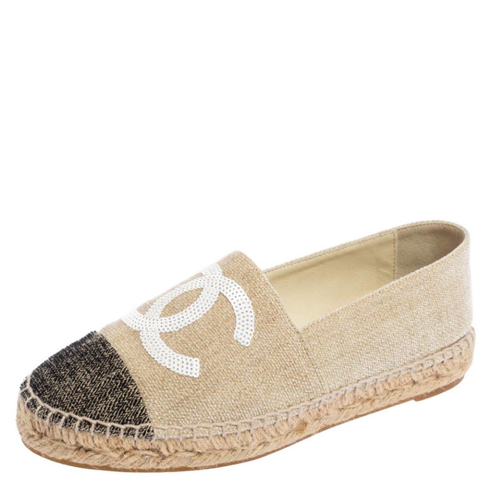 CH***l Beige/Black Canvas And Tweed Fabric Sequins Embellished CC Cap Toe Espadrille Flats Size 37
