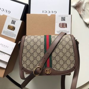 GG Supreme Monogram Web Small Ophidia Flap Messenger Bag Brown