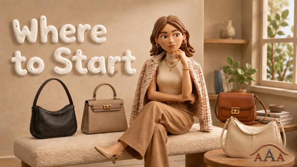 Claymation-style Gia choosing between designer replica handbags with “Where to Start” text for AAA Purse first replica bag buyer guide.