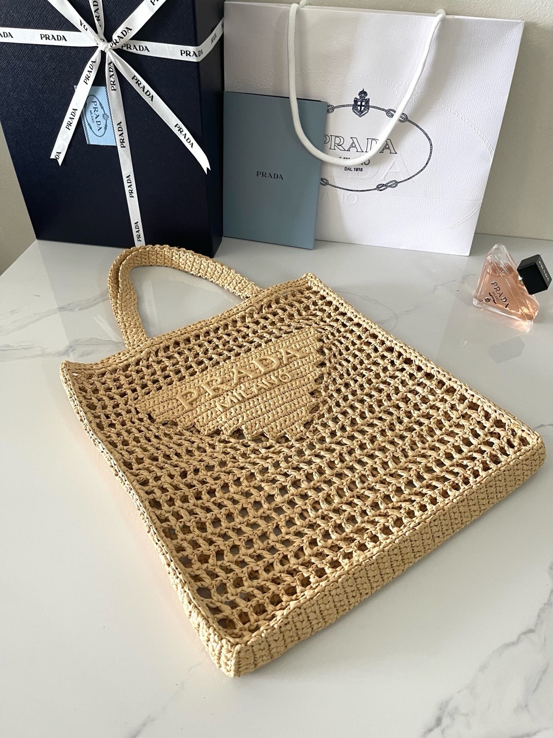 Prada Crochet Tan Tote Bag 1BG393-5