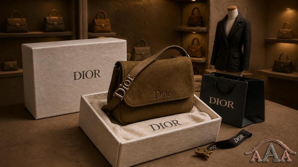Medium Diorly Bag in khaki suede calfskin with adjustable Dior signature strap