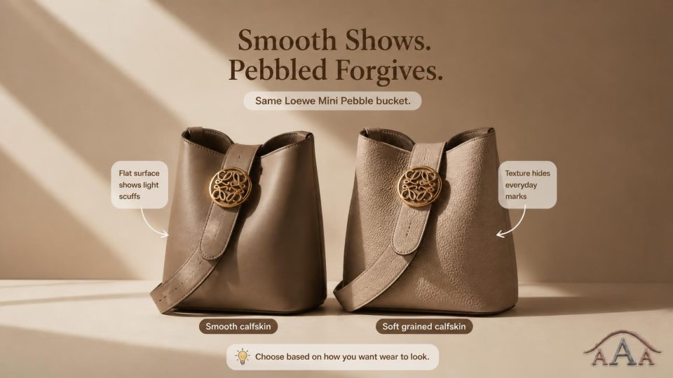 Loewe Mini Pebble bucket comparison showing smooth calfskin and soft grained calfskin finishes
