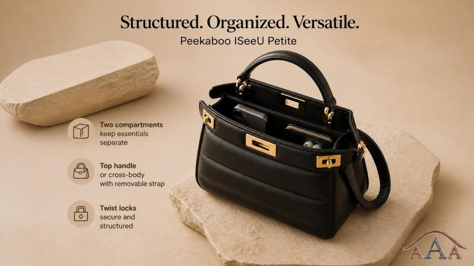 Black Fendi Peekaboo ISeeU Petite structured handbag with top handle and removable shoulder strap