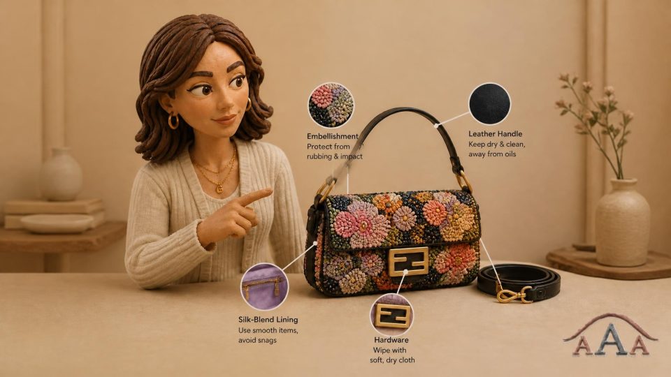 Embellished Fendi Baguette with raised glass beads and sequins prepared for careful storage