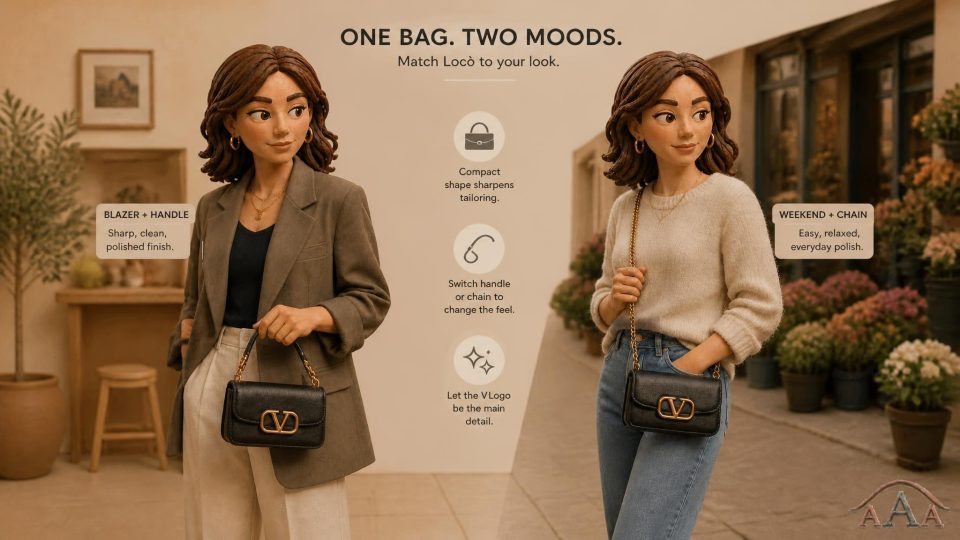 Valentino Garavani Locò Small Shoulder Bag styled with an oversized blazer and weekend outfits