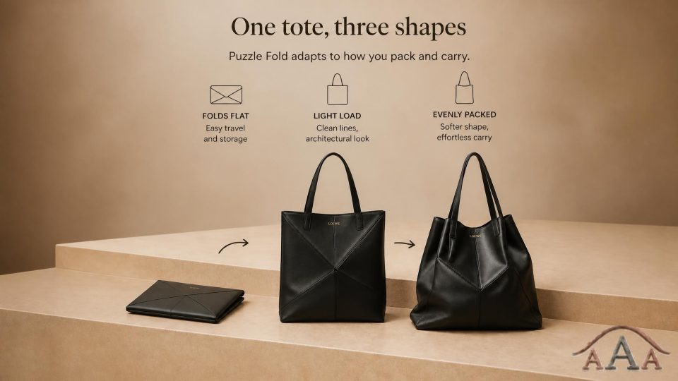 Medium Loewe Puzzle Fold Tote in shiny calfskin showing its geometric panels and softly folded silhouette