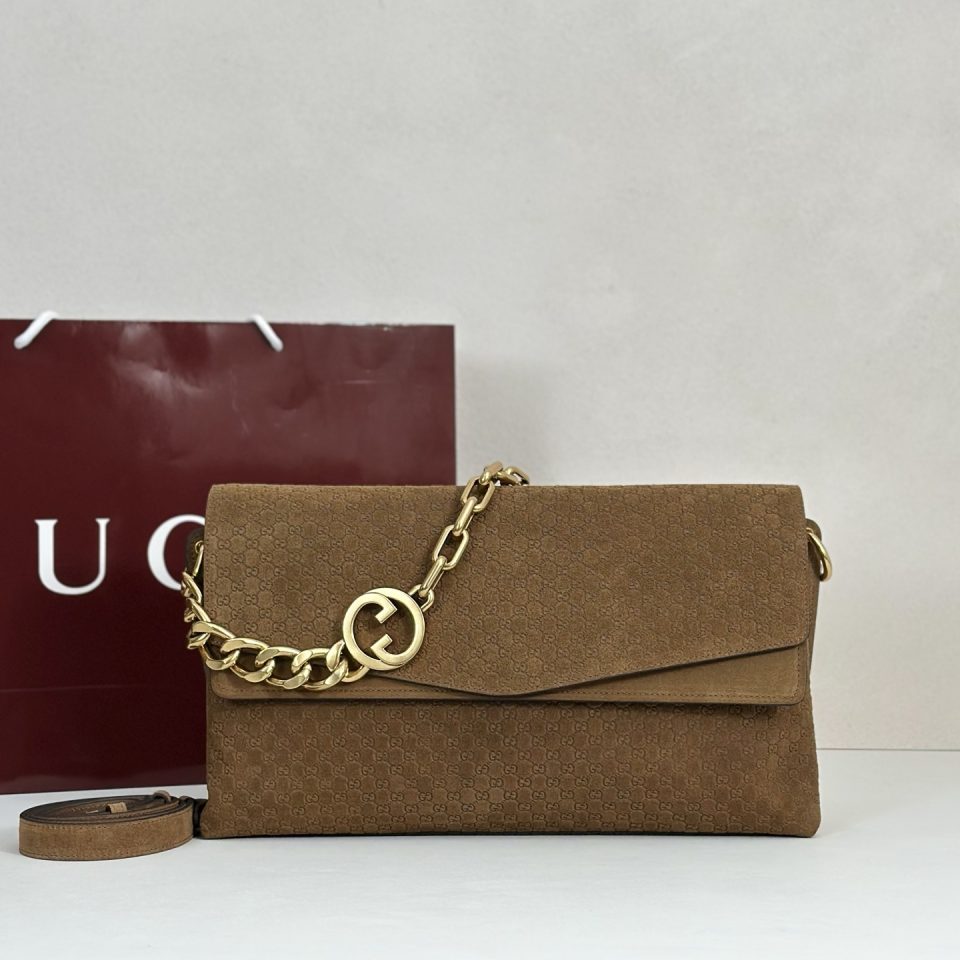 Gucci GG Large Suede Shoulder Bag - 857362 - Camel Color