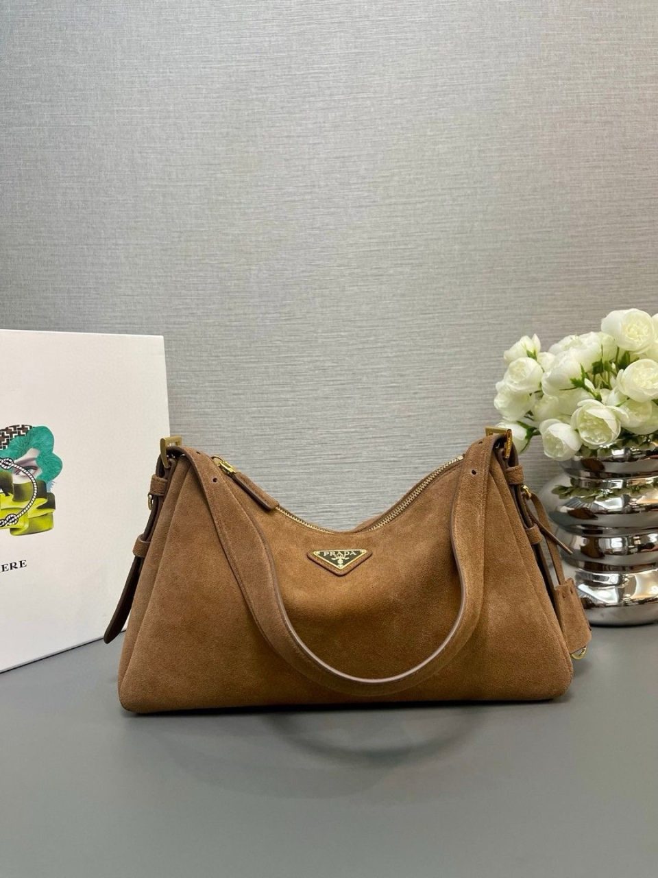 Prada Aimee Medium Suede Shoulder Bag 1BC229 Cinnamon