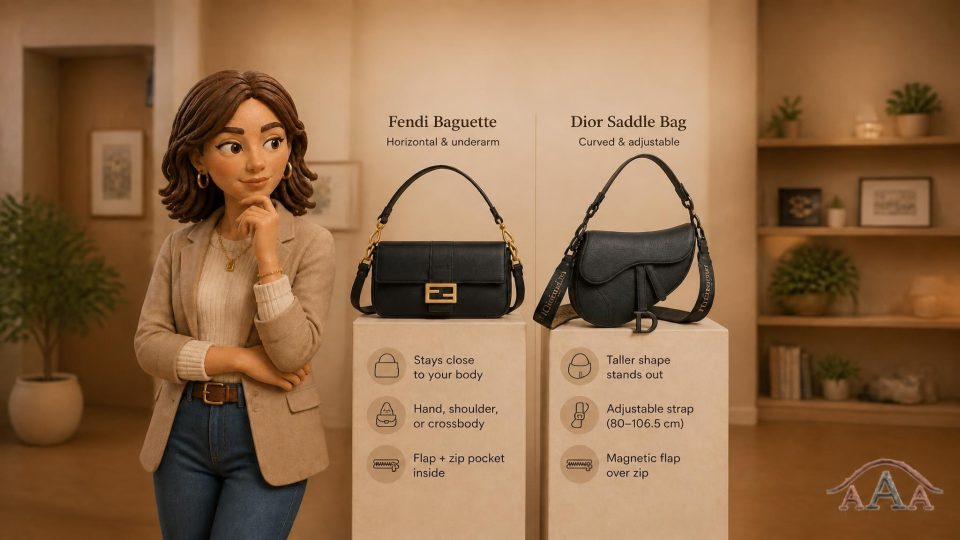 Black Fendi Baguette and Dior Saddle bags compared side by side for shape and crossbody styling