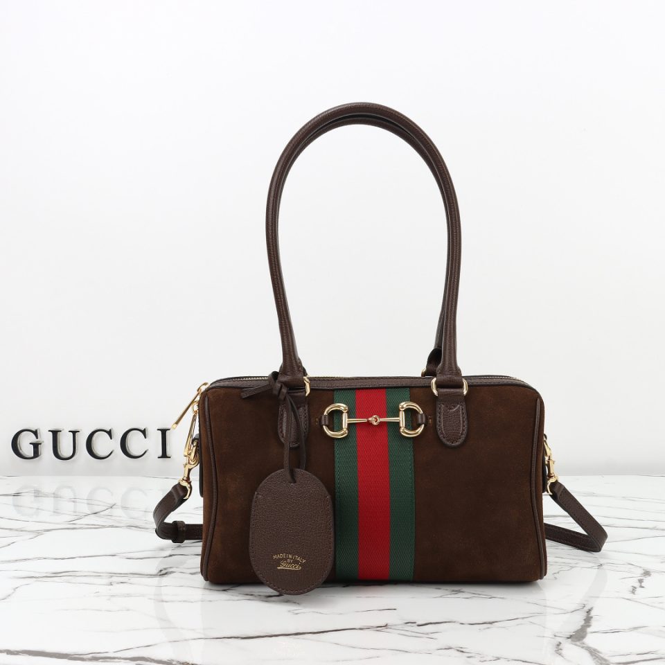 Gucci Borsetto Medium Boston Bag Dark Brown Suede - 866732