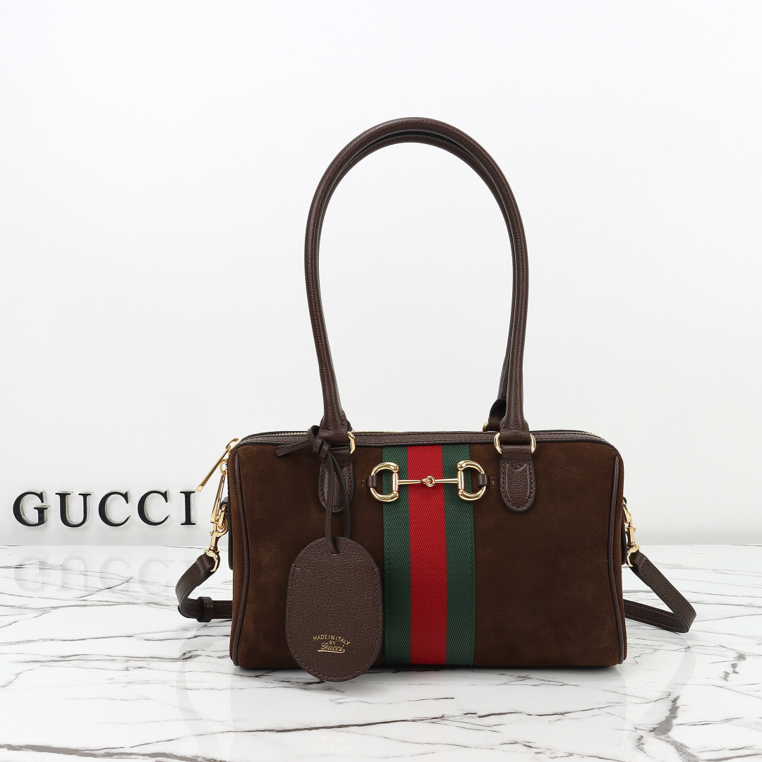 Gucci Borsetto Medium Boston Bag Dark Brown Suede