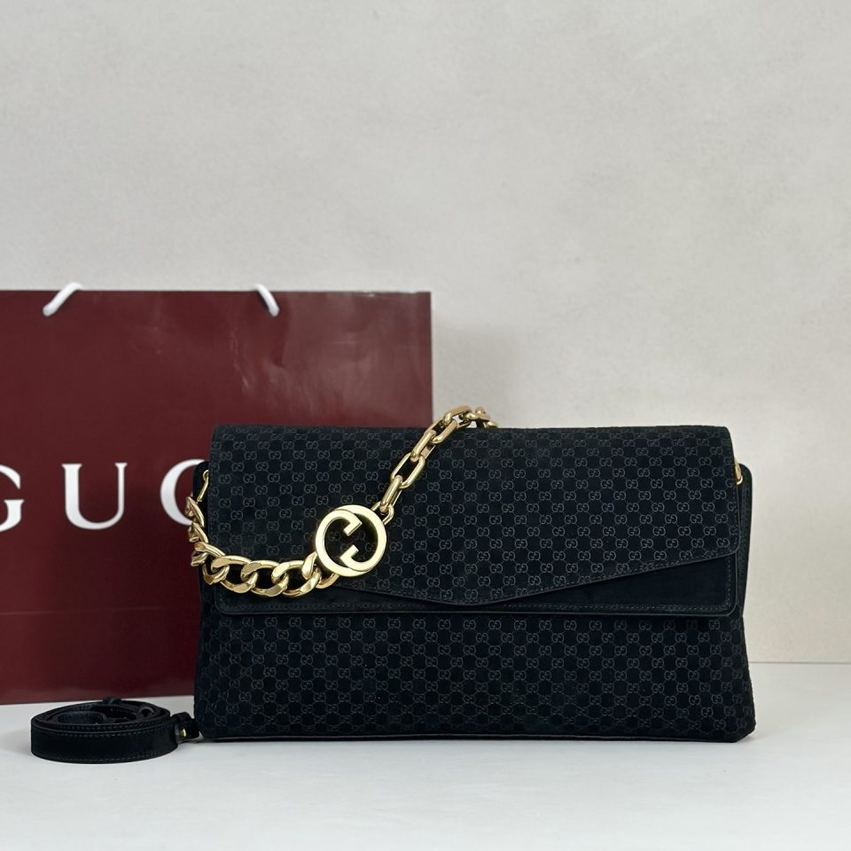 Gucci GG Large Suede Shoulder Bag - 857362 - Black Color