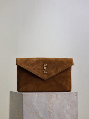 YSL CASSANDRE Large Envelope Pouch In Suede Dark Brown- 769307